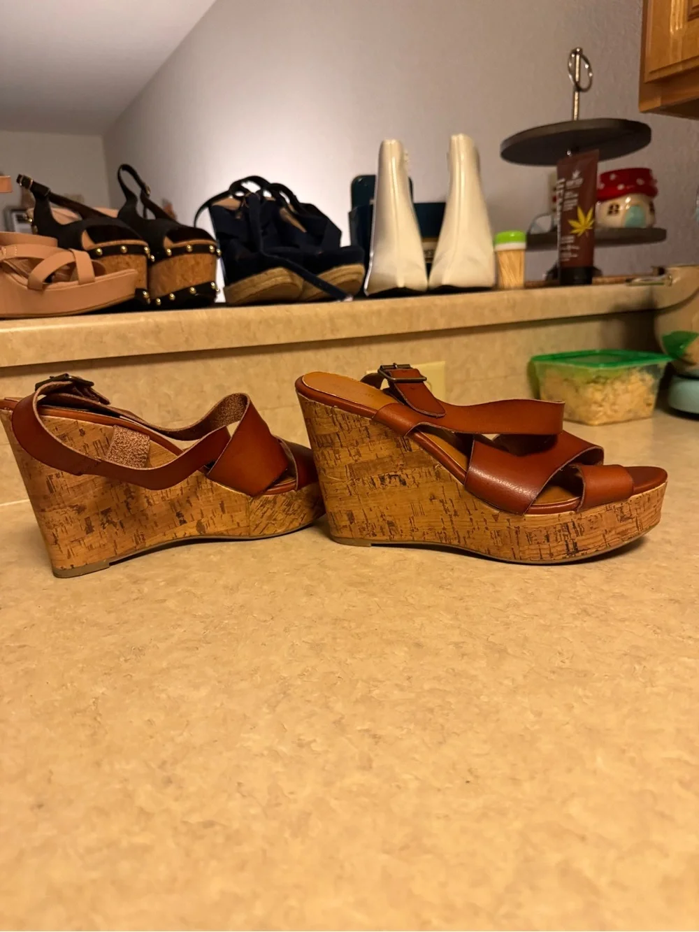 Women's Brown Leather Cork Wedge Sandals Size 10